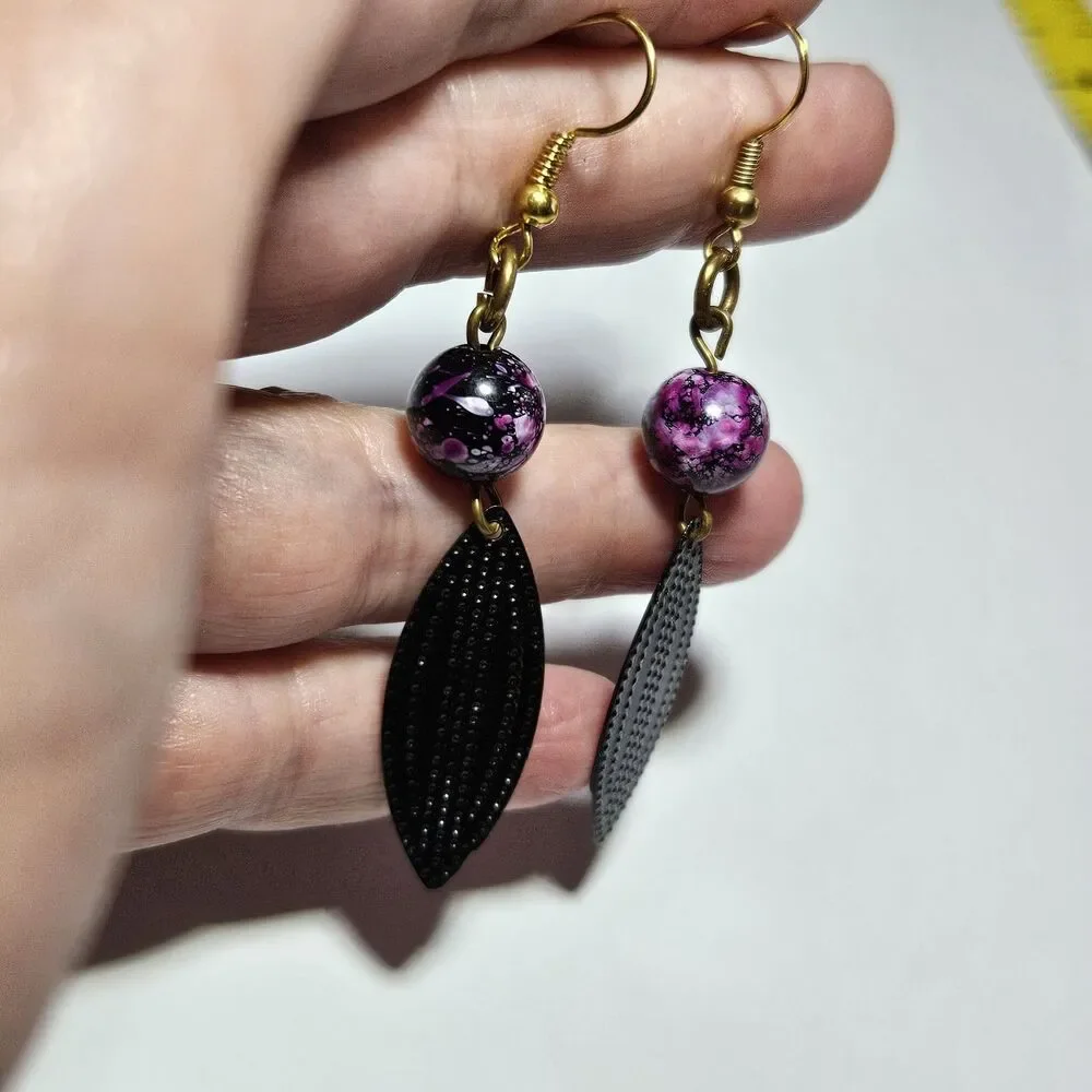 Gold Tone Purple Bead Black Metal Dangling Earrings